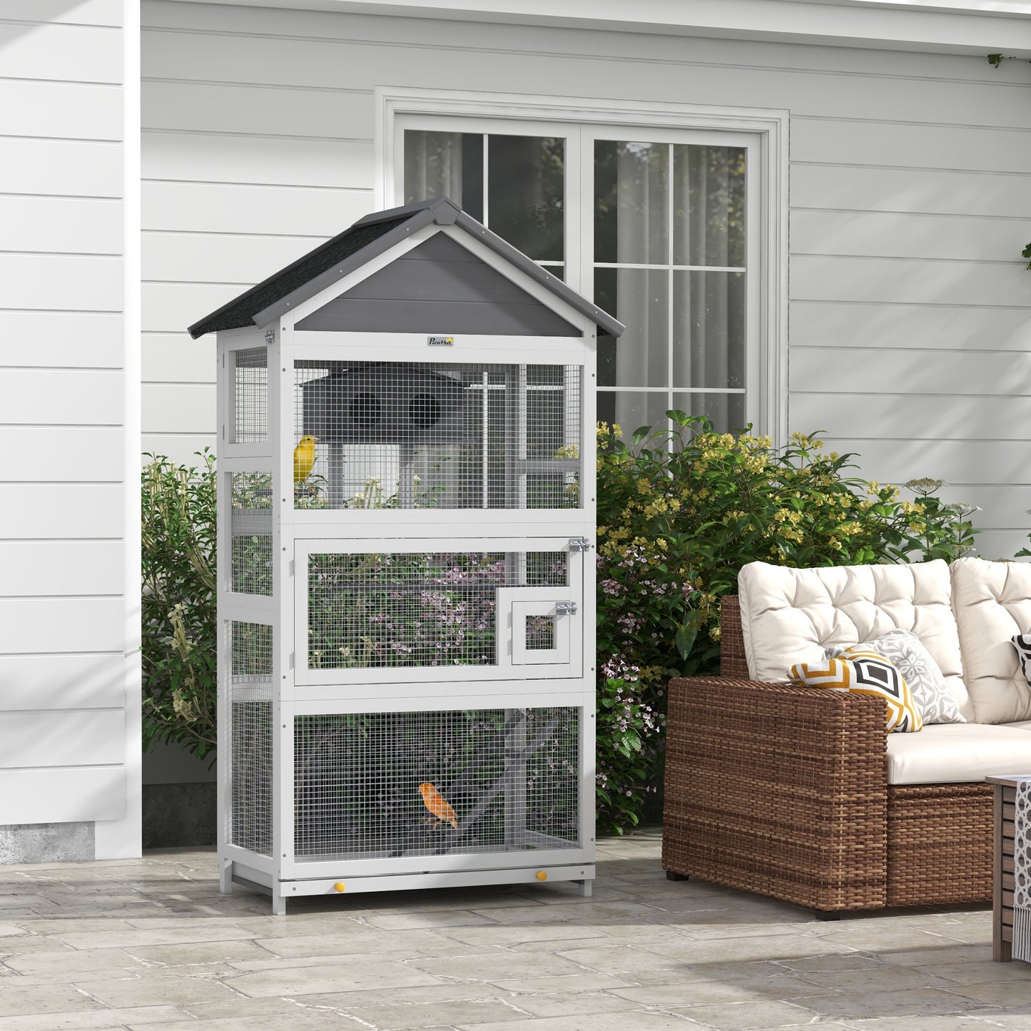 PawHut Wooden Bird Aviary 67 Inch Outdoor Bird Cage with Slide Out Tray Three Doors Birdhouse Ladder Perches for Finches Parakeets Gray
