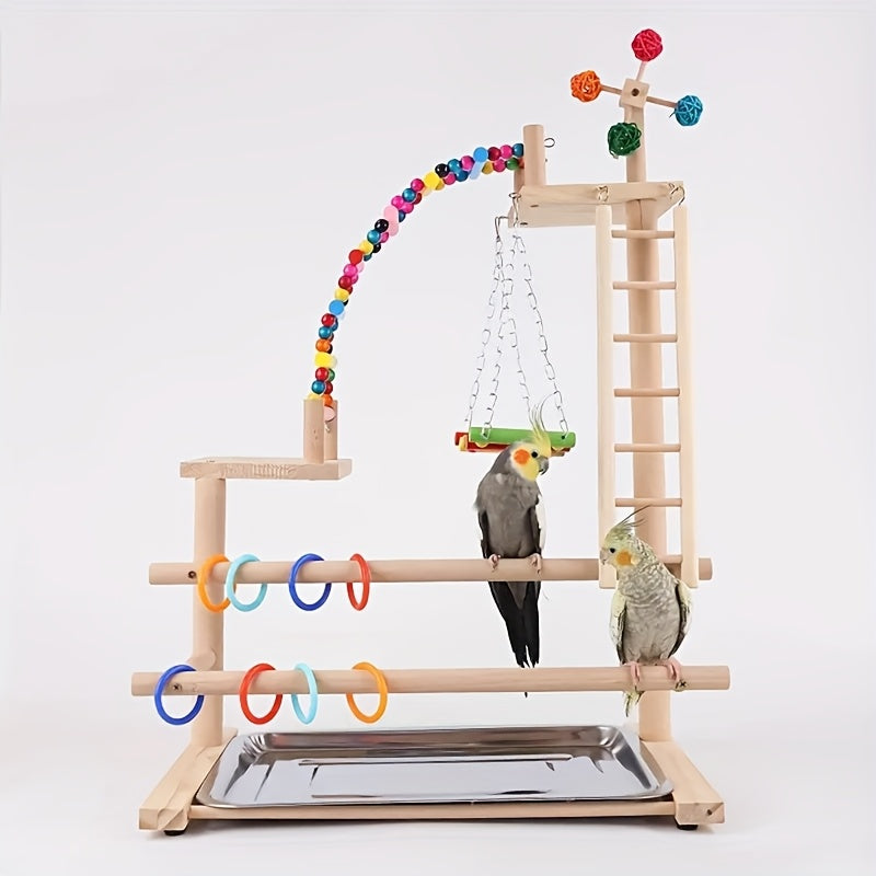 Luxury Wooden Parrot Play Tower with Swing Ladder Ring and Climbing Bridge Multifunctional Bird Perch Toy for Active Birds Natural Wood Finish Colorful Hanging Toys