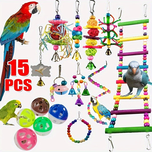 15 Pieces Ultimate Parakeet Toy Bundle Engage and Boost Your Parrots Mind with Colorful Durable Interactive Toys