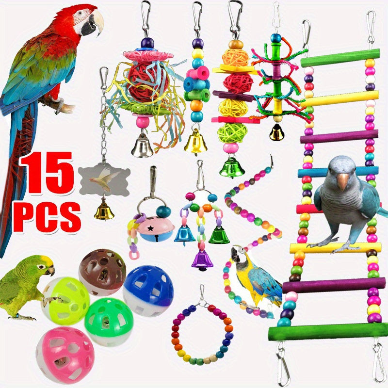 15 Pieces Ultimate Parakeet Toy Bundle Engage and Boost Your Parrots Mind with Colorful Durable Interactive Toys