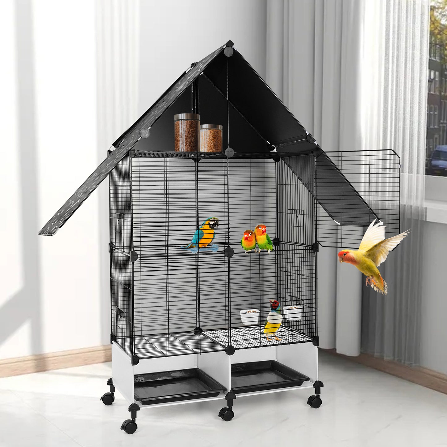 2 Tier Rolling Bird Cage Villa with Lockable Stand Sturdy Iron Construction White and Black Multi Level Design for Canaries Finches Budgies Lovebirds Parakeets and Cockatiels