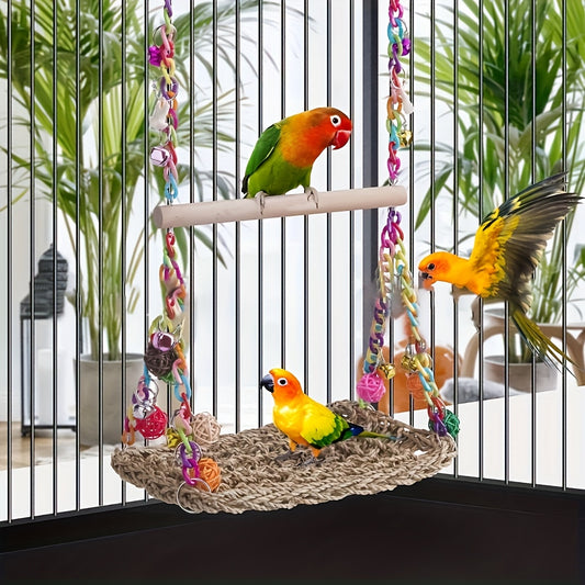 Parrot Swing and Play Gym Durable Acrylic Colorful Design Easy Clean Includes Ropes Cage Accessories Chew Balls and Bells for Small to Medium Parrots