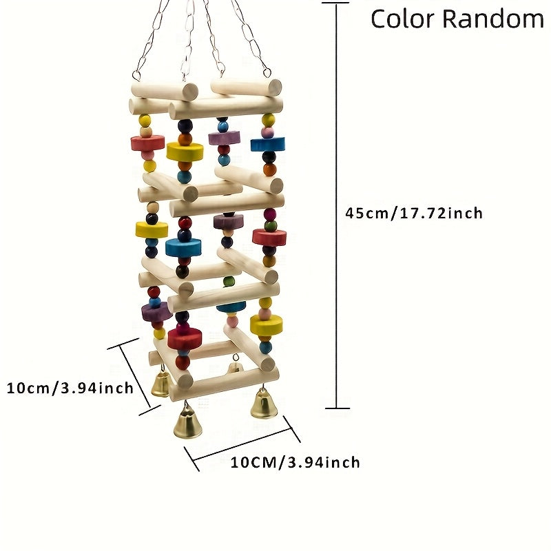 Bird Habitat Ladder Swing Toy Wooden Parrot Hammock Climbing Frame with Bell and Hanging Chain