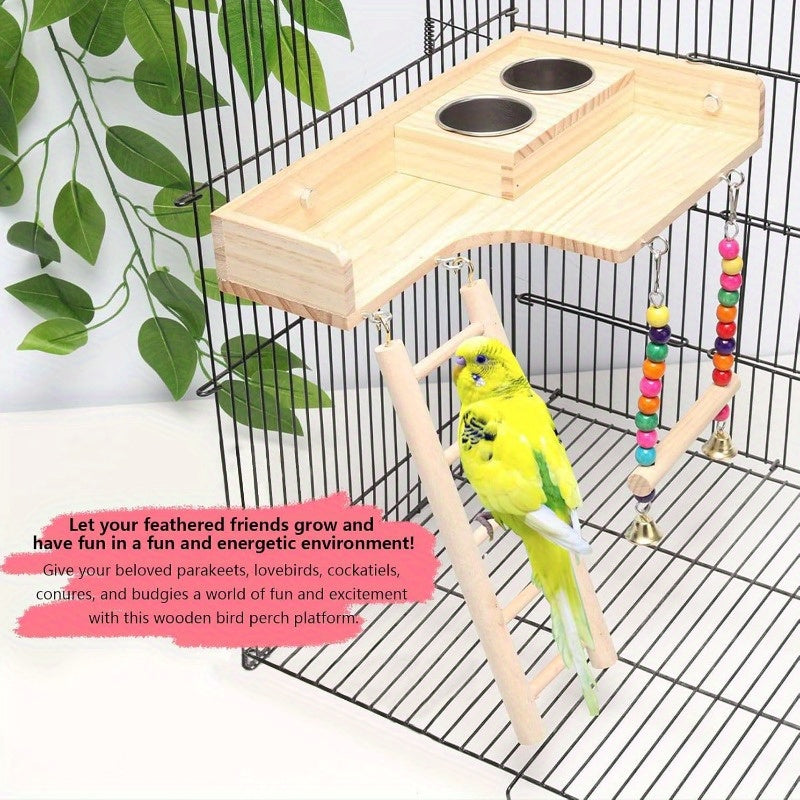 Multi Level Parrot Playground with Climbing Ladder Swing and Food Cups Heavy Duty Stainless Steel Bird Perch Platform Space Saving Cage Gym for Budgies Cockatiels Lovebirds and Finches Easy Clean Aviary Enrichment for Indoor Use