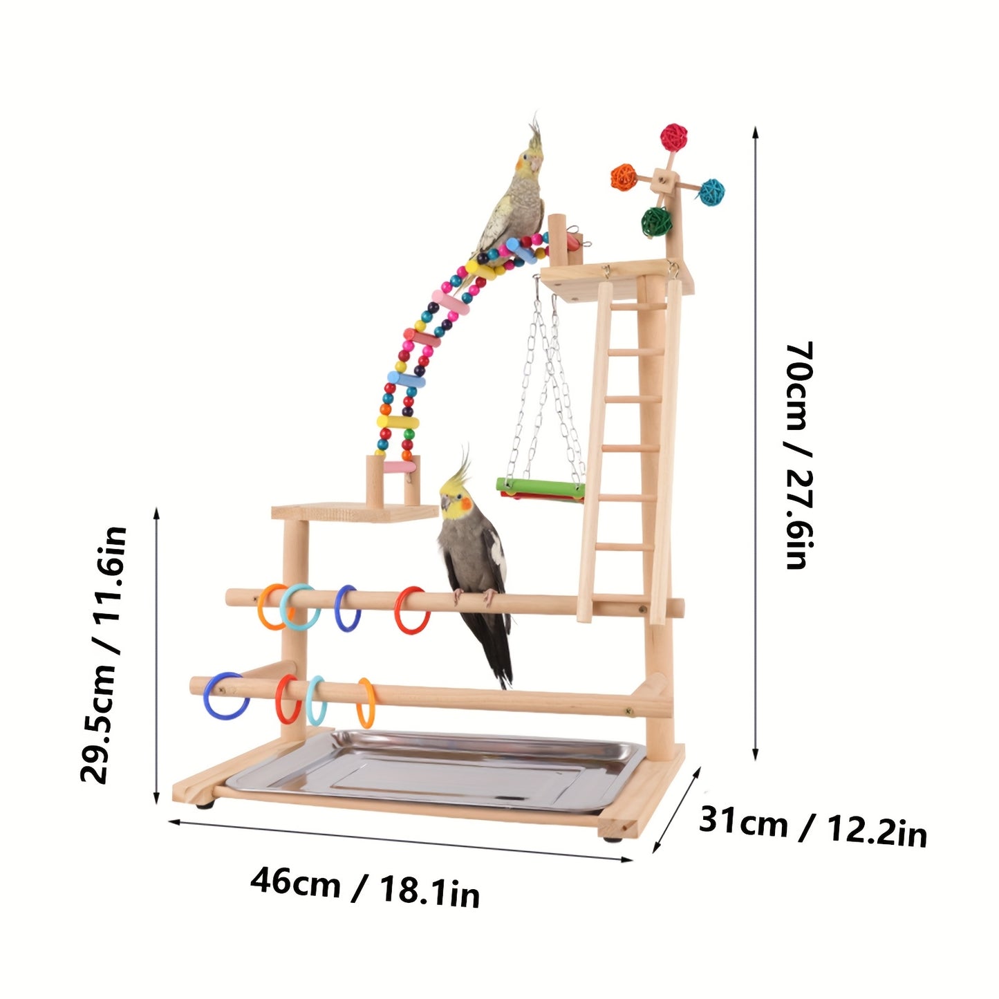Deluxe Recycled Wood Parrot Play Stand with Swing Ladder Climbing Bridge and Colorful Hanging Toys