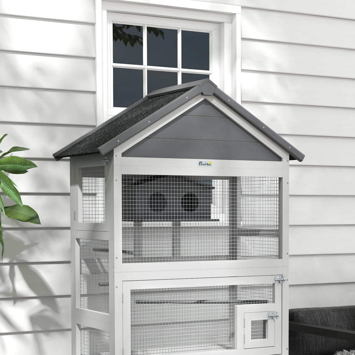 PawHut Wooden Bird Aviary 67 Inch Outdoor Bird Cage with Slide Out Tray Three Doors Birdhouse Ladder Perches for Finches Parakeets Gray