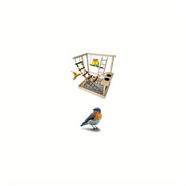 Natural Wood Parrot Playground Activity Center with Ladder Hanging Swing Feeder Cups and Chew Toys Exercise Gym for Cockatiels Conures and Lovebirds Bird Perch Training Stand for Mental Stimulation and Physical Activity
