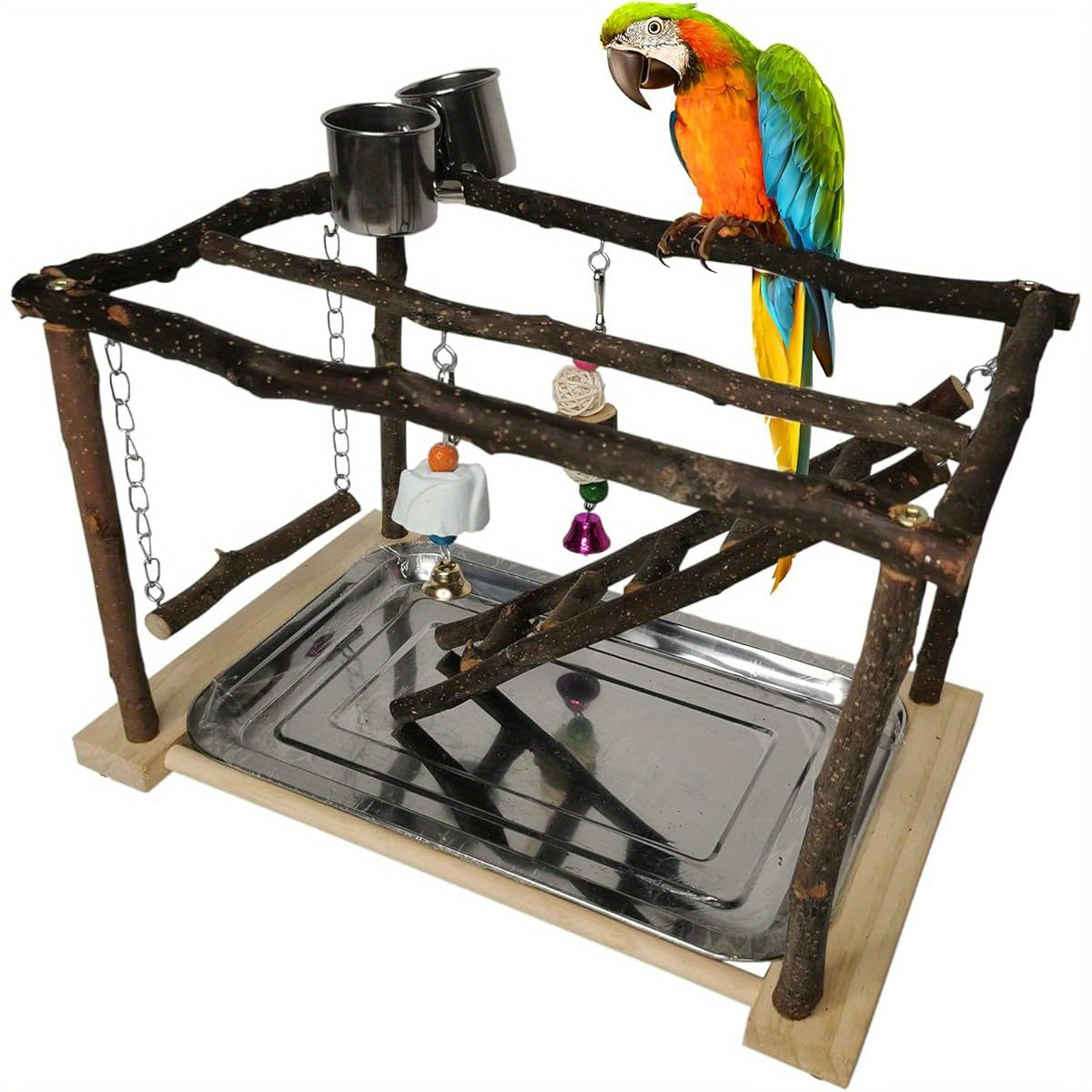 Parrots Playstand Bird Play Gym Stainless Steel and Wood Exercise Activity Center with Swings Ladders Chewing Toys Feeding Cups and Perch Stand for Conure Cockatiel Lovebirds Interactive Bird Playground for Mental and Physical Stimulation