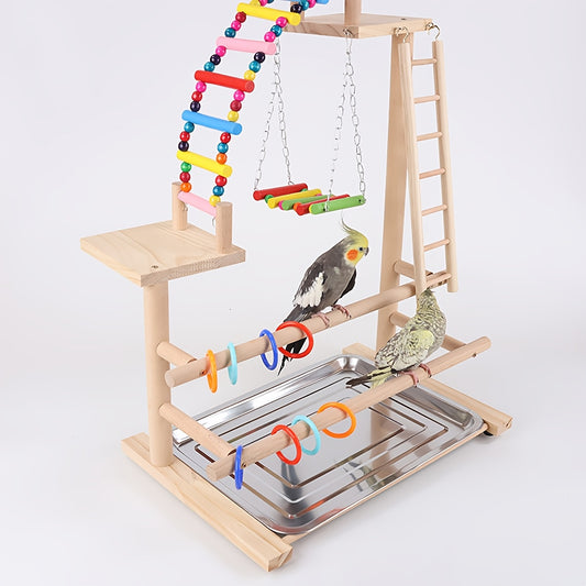 Deluxe Recycled Wood Parrot Play Stand with Swing Ladder Climbing Bridge and Colorful Hanging Toys