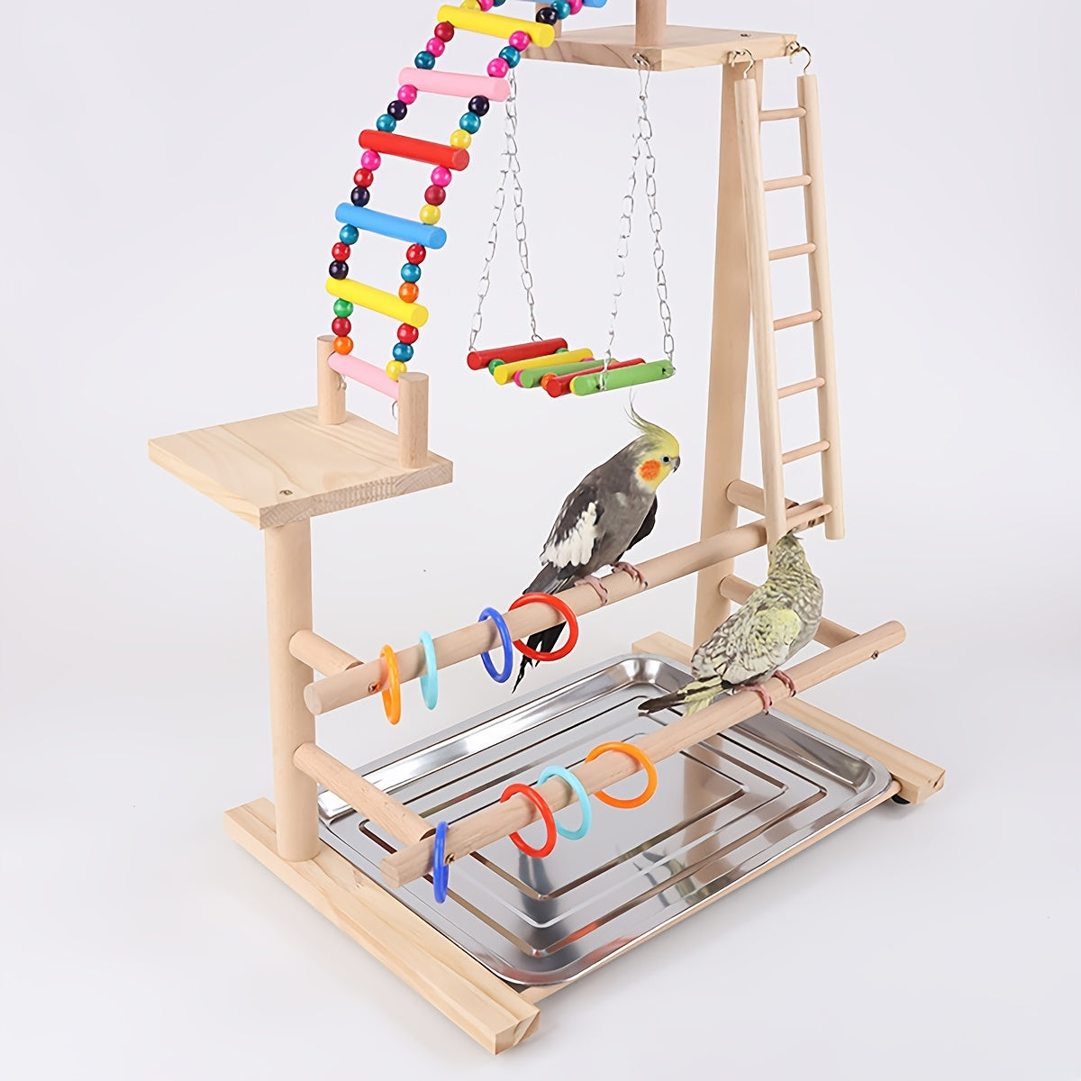 Deluxe Wooden Parrot Play Stand With Swing Ladder Rings And Climbing Bridge Multifunctional Bird Perch Toy For Climbing Swinging And Play Natural Wood Finish Colorful Hanging Toys Sturdy Design For Active Birds