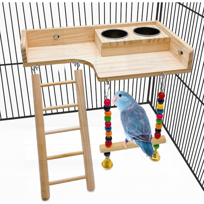 Multi Level Parrot Playground with Climbing Ladder Swing and Food Cups Heavy Duty Stainless Steel Bird Perch Platform Space Saving Cage Gym for Budgies Cockatiels Lovebirds and Finches Easy Clean Aviary Enrichment for Indoor Use