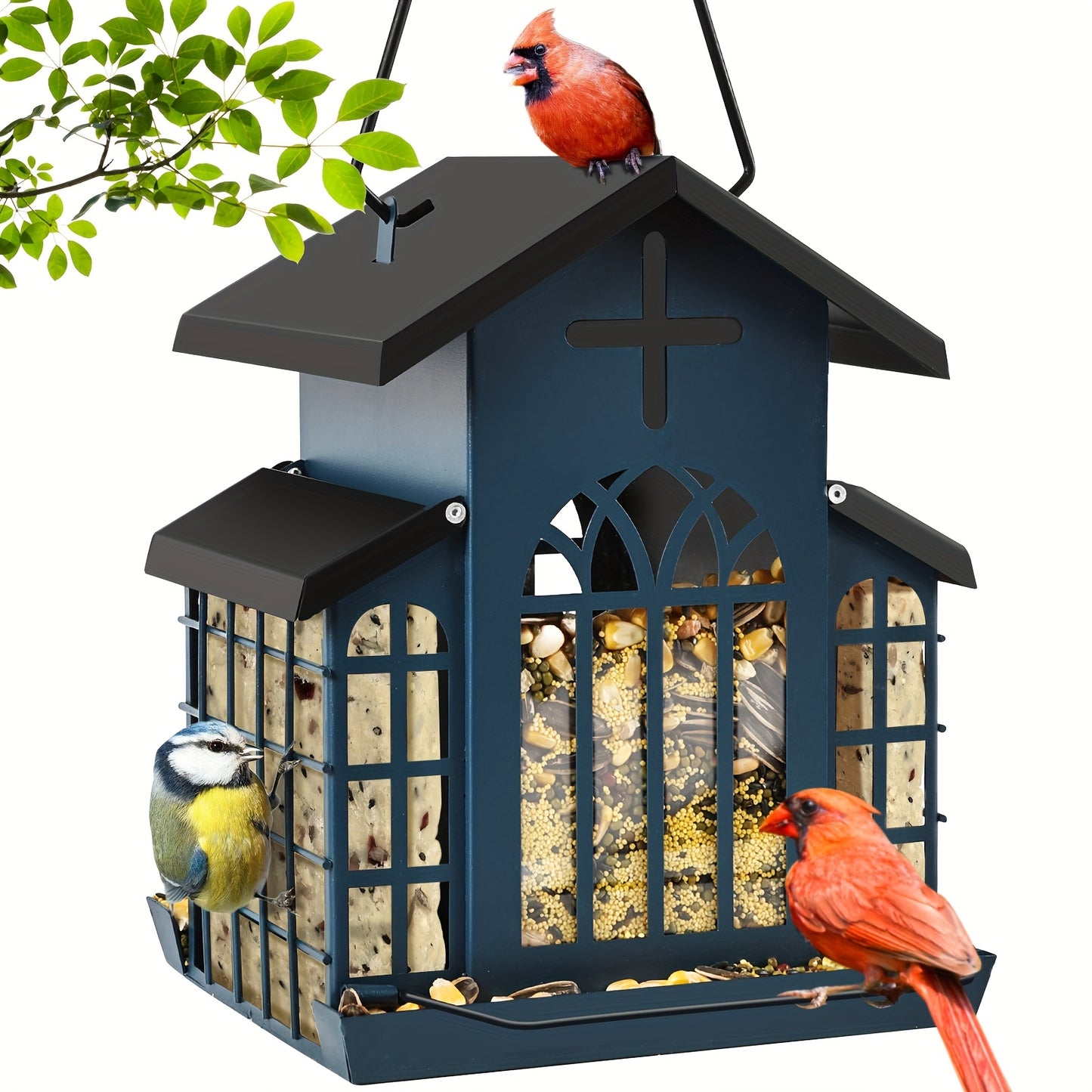 Metal Bird Feeder With 3 Mesh Side Cages Large Capacity Outdoor Hanging Feeder For Cardinals Finches Chickadees Durable Weather Resistant Design