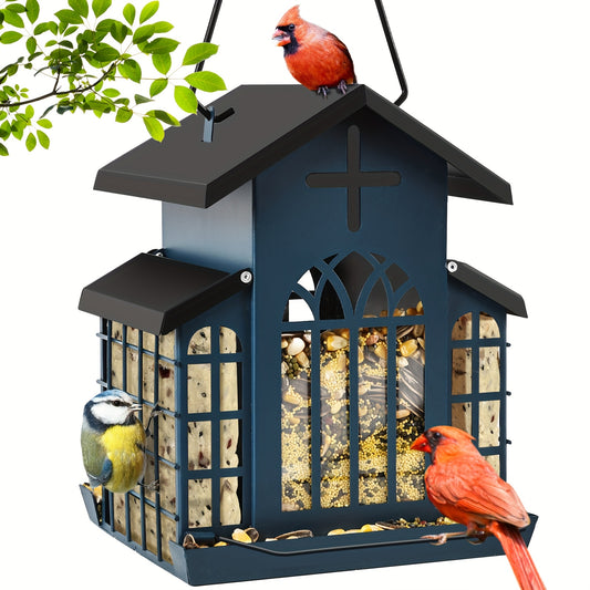 Metal Bird Feeder With 3 Mesh Side Cages Large Capacity Outdoor Hanging Feeder For Cardinals Finches Chickadees Durable Weather Resistant Design