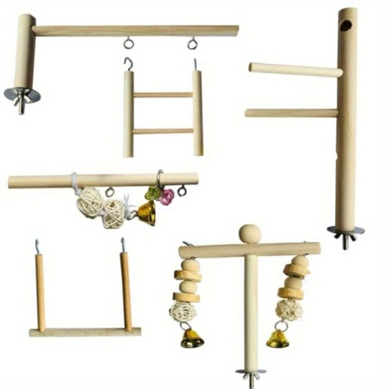 Natural Wood Bird Playground Interactive Climbing Gym Swing Perch Chew Toys with Bells Sturdy Parrot Playstand for Cockatiels Budgies Lovebirds Pet Birds Easy Assembly Cage Top Accessory Recycled Wood Construct