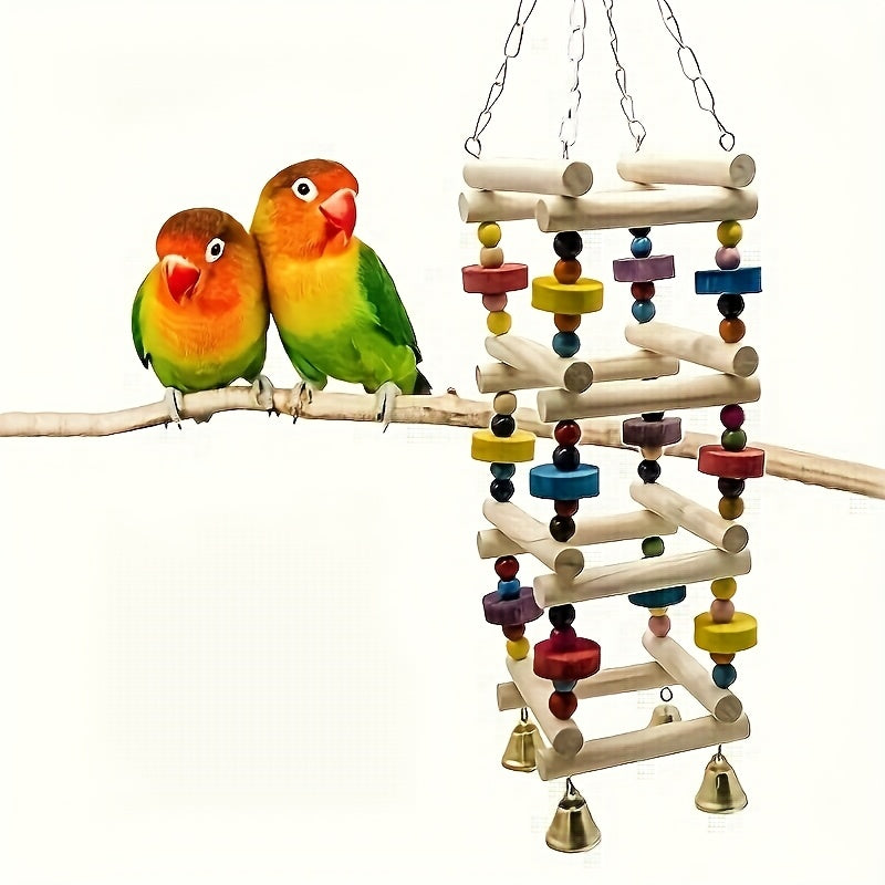 Bird Habitat Ladder Swing Toy Wooden Parrot Hammock Climbing Frame with Bell and Hanging Chain