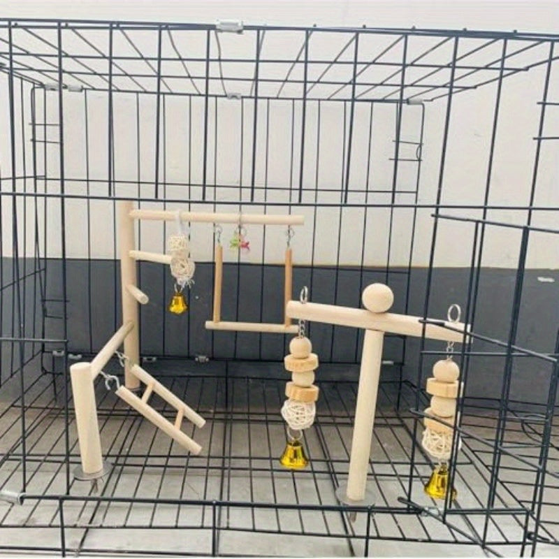 Natural Wood Bird Playground Interactive Climbing Gym Swing Perch Chew Toys with Bells Sturdy Parrot Playstand for Cockatiels Budgies Lovebirds Pet Birds Easy Assembly Cage Top Accessory Recycled Wood Construct