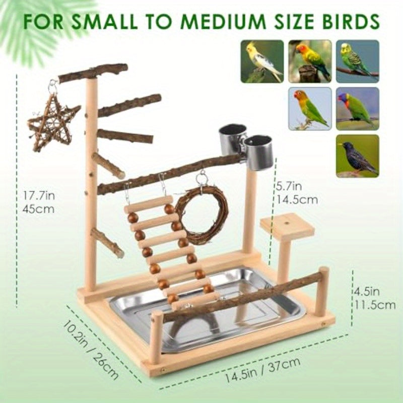 Natural Wooden Bird Playground with Rotating Perches Swing Ladder Removable Tray Stainless Steel Cups Chew Toy for Parakeets Conures Cockatiels Easy Assembly Portable Bird Cage Accessory