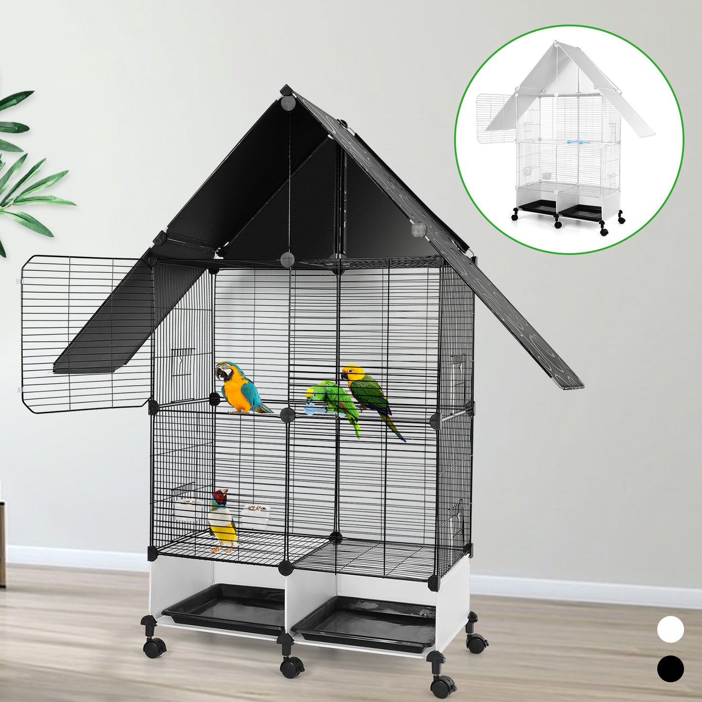 2 Tier Rolling Bird Cage Villa with Lockable Stand Sturdy Iron Construction White and Black Multi Level Design for Canaries Finches Budgies Lovebirds Parakeets and Cockatiels