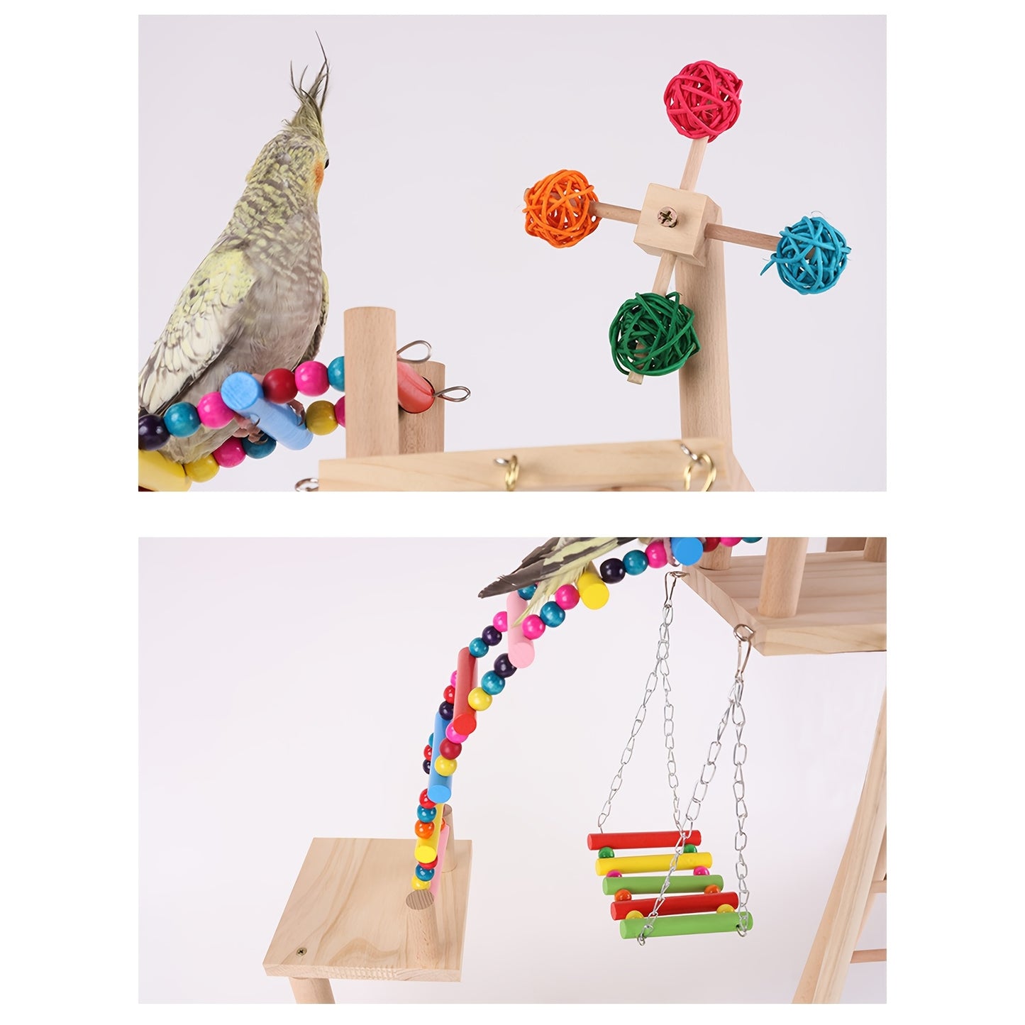 Deluxe Recycled Wood Parrot Play Stand with Swing Ladder Climbing Bridge and Colorful Hanging Toys