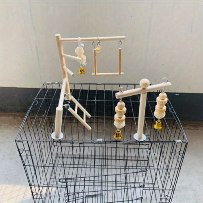 Natural Wood Bird Playground Interactive Climbing Gym Swing Perch Chew Toys with Bells Sturdy Parrot Playstand for Cockatiels Budgies Lovebirds Pet Birds Easy Assembly Cage Top Accessory Recycled Wood Construct