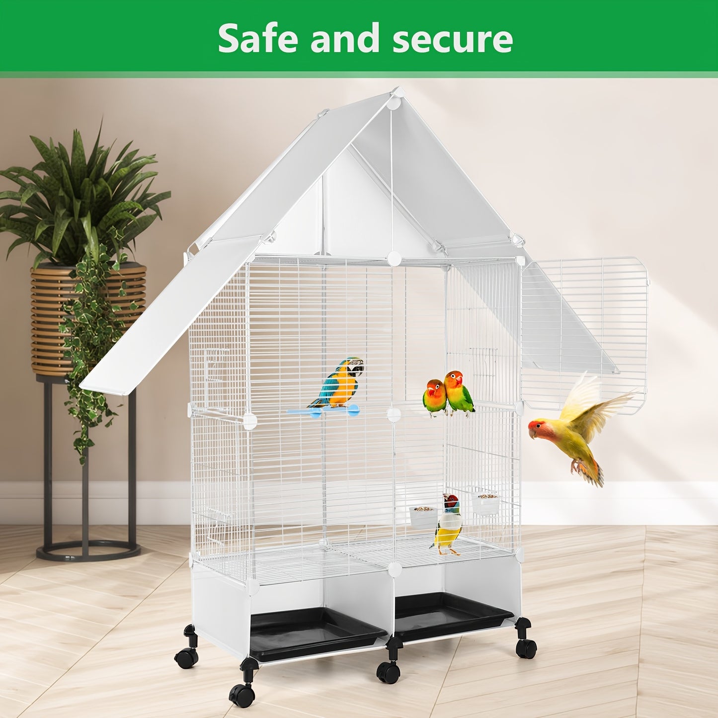 2 Tier Rolling Bird Cage Villa with Lockable Stand Sturdy Iron Construction White and Black Multi Level Design for Canaries Finches Budgies Lovebirds Parakeets and Cockatiels