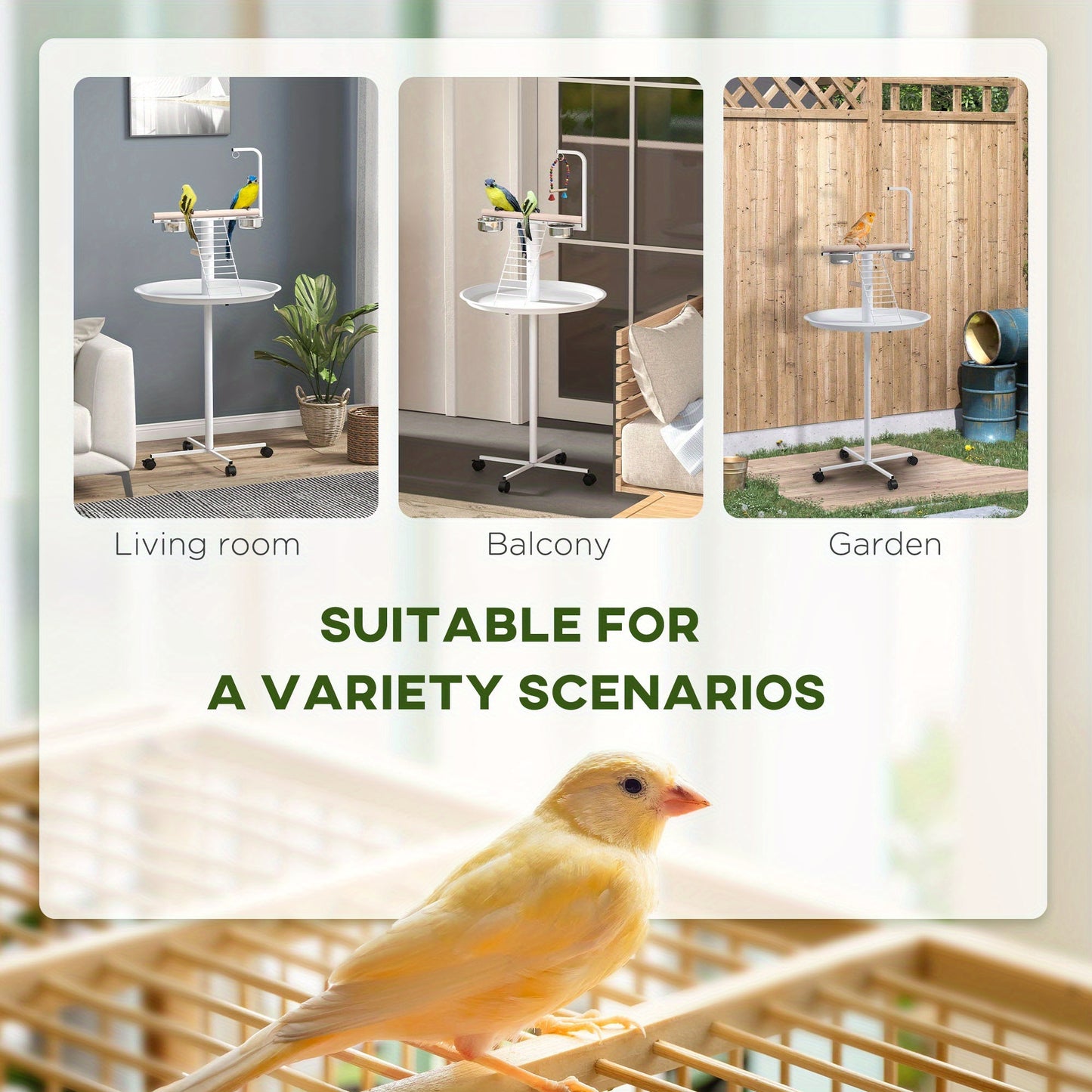 PawHut Bird Stand Parrot Stand with Wheels Perches Stainless Steel Feed Bowls Round Tray Bird Play Stand for Indoor Outdoor White
