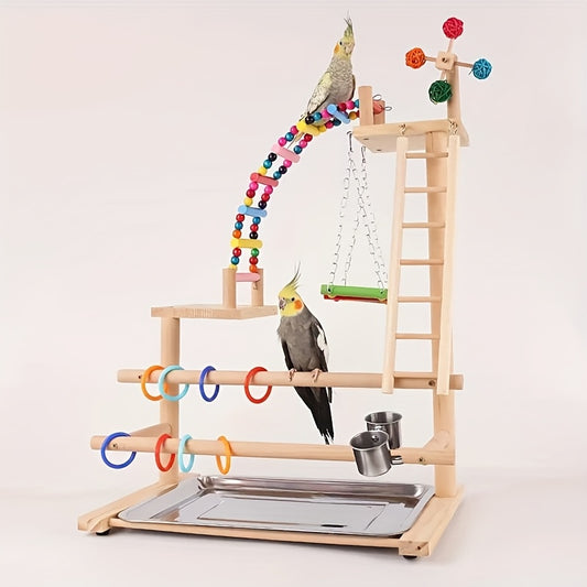 Luxury Wooden Parrot Play Tower with Swing Ladder Ring and Climbing Bridge Multifunctional Bird Perch Toy for Active Birds Natural Wood Finish Colorful Hanging Toys