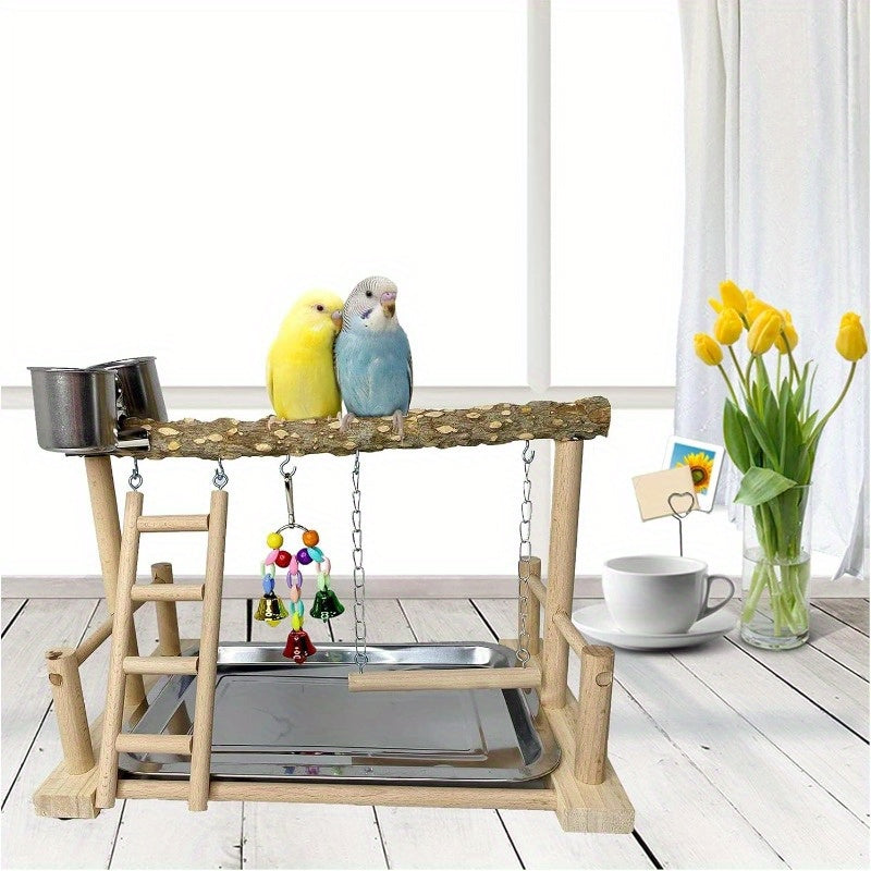 Natural Wood Parrot Playground Playstand with Ladder Swing Chew Toy and Feeder Cups Multi Level Bird Perch for Parakeets Cockatiels Lovebirds Conures and Finches Outdoor Indoor Recycled Wood Bird Gym Parrot Accessories