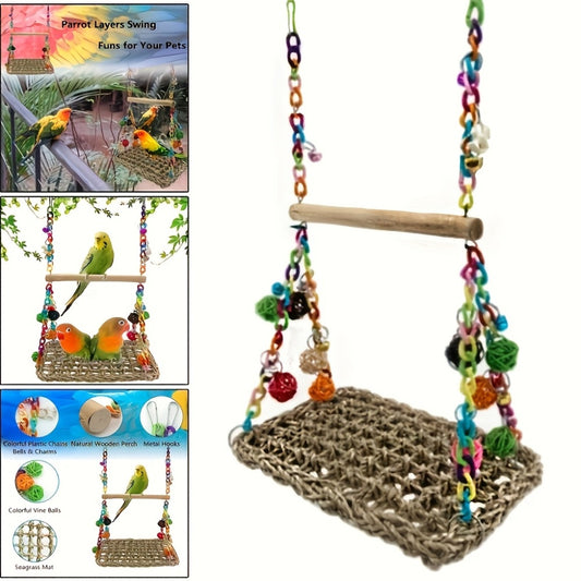 Colorful Parrot Playtime Hammock with Chewing Balls and Bells Easy Clean Acrylic Woven Perch Swing for Birds Includes Hanging Rope and Cage Accessories
