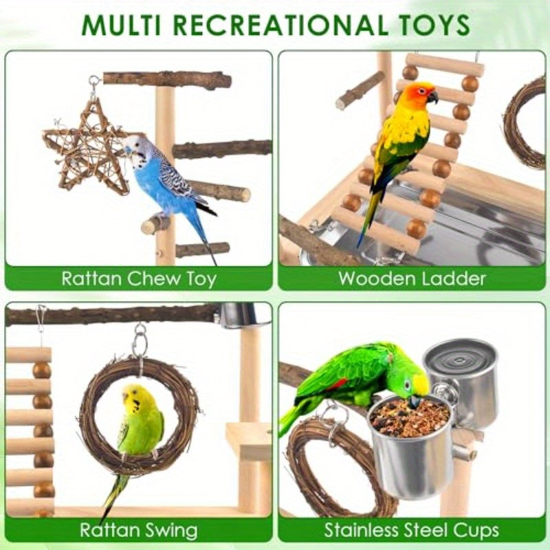 Natural Wooden Bird Playground with Rotating Perches Swing Ladder Removable Tray Stainless Steel Cups Chew Toy for Parakeets Conures Cockatiels Easy Assembly Portable Bird Cage Accessory