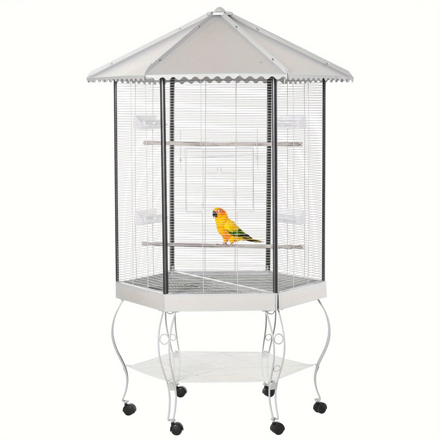 PawHut 77" Flight Bird Cage Hexagon Covered Canopy Portable Aviary with Storage