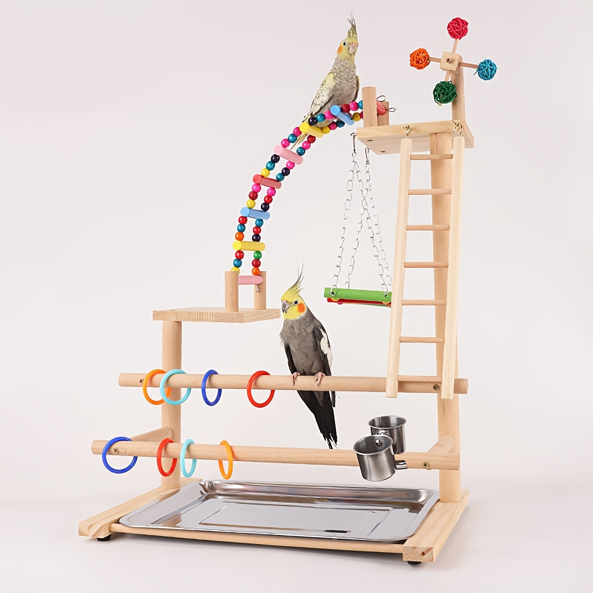 Deluxe Recycled Wood Parrot Play Stand with Swing Ladder Climbing Bridge and Colorful Hanging Toys