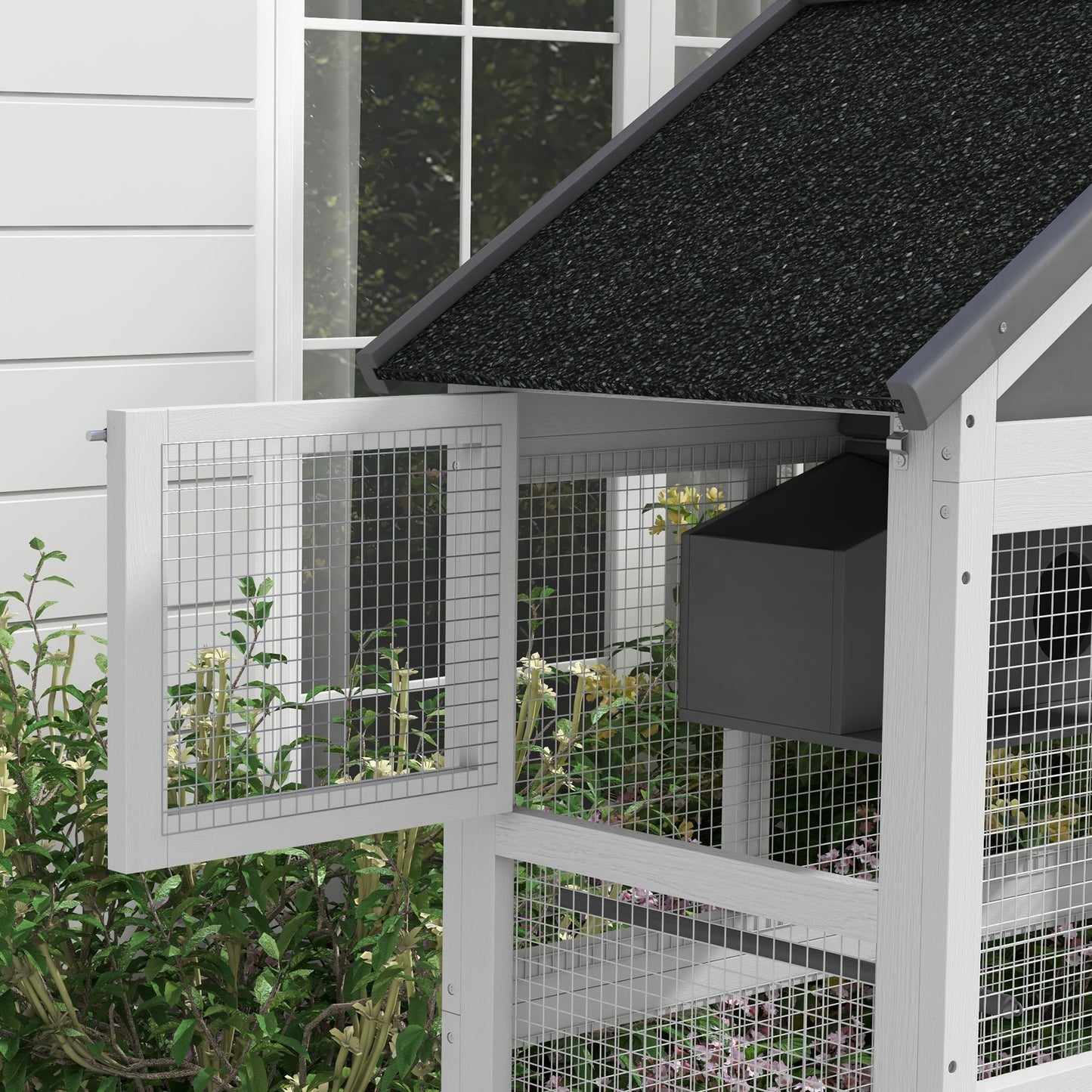 PawHut Wooden Bird Aviary 67 Inch Outdoor Bird Cage with Slide Out Tray Three Doors Birdhouse Ladder Perches for Finches Parakeets Gray