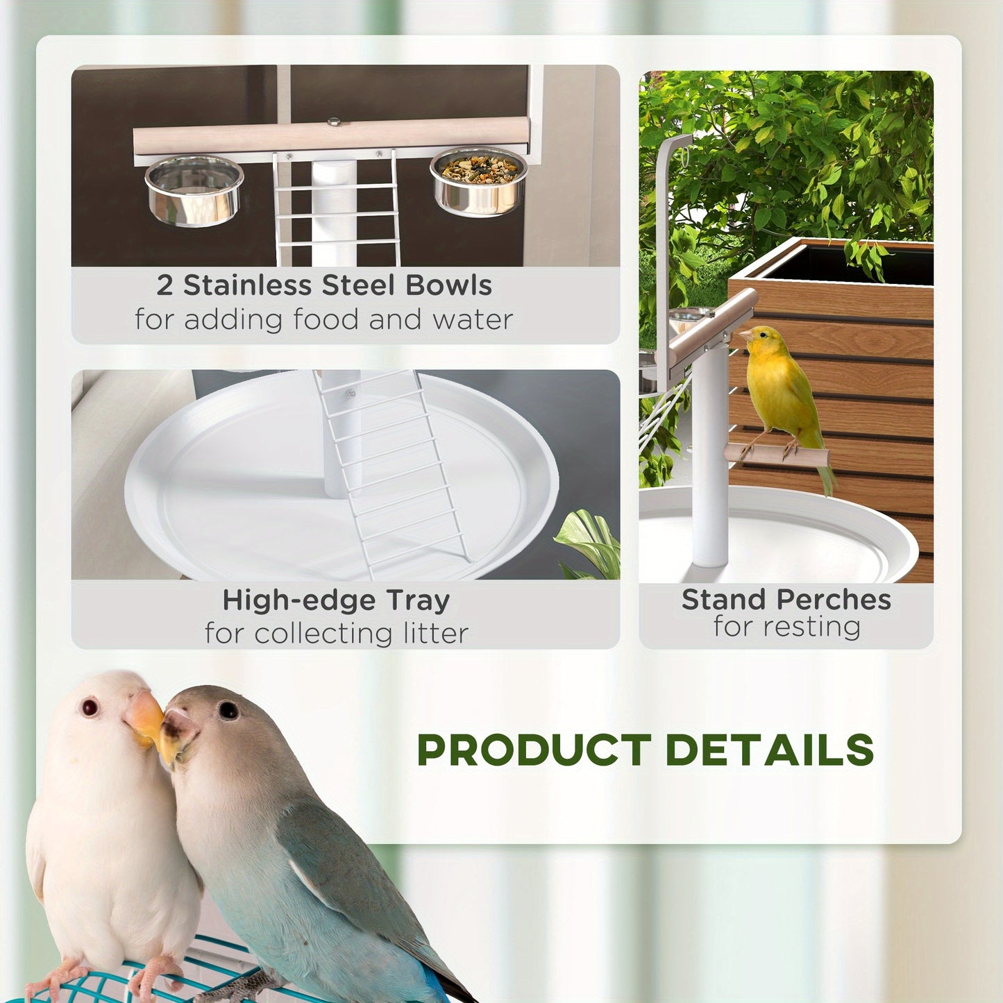 PawHut Bird Stand Parrot Stand with Wheels Perches Stainless Steel Feed Bowls Round Tray Bird Play Stand for Indoor Outdoor White