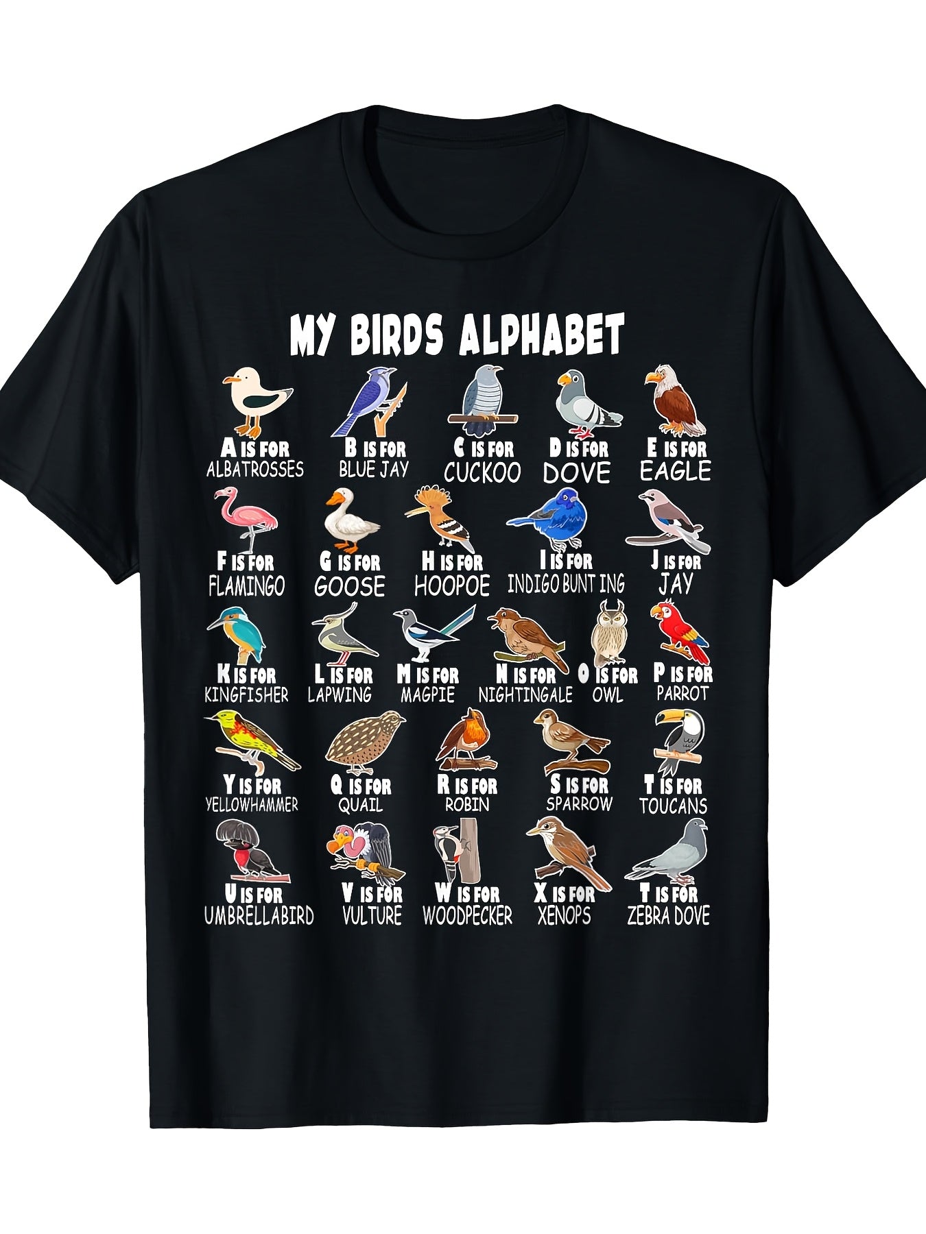My Birds Alphabet A-Z ABC T-Shirt for Bird Lovers - 100% Cotton, 220g/m², Casual Short Sleeve Tee with Vibrant Bird Illustrations, Perfect for Casual Attire