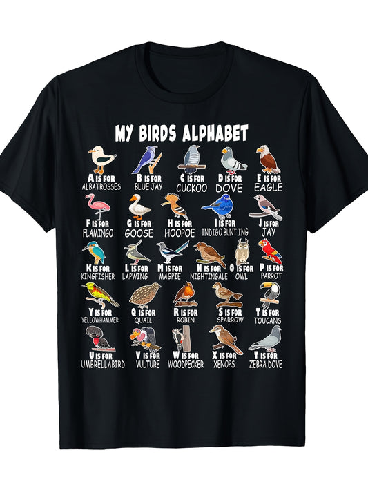 My Birds Alphabet A-Z ABC T-Shirt for Bird Lovers - 100% Cotton, 220g/m², Casual Short Sleeve Tee with Vibrant Bird Illustrations, Perfect for Casual Attire
