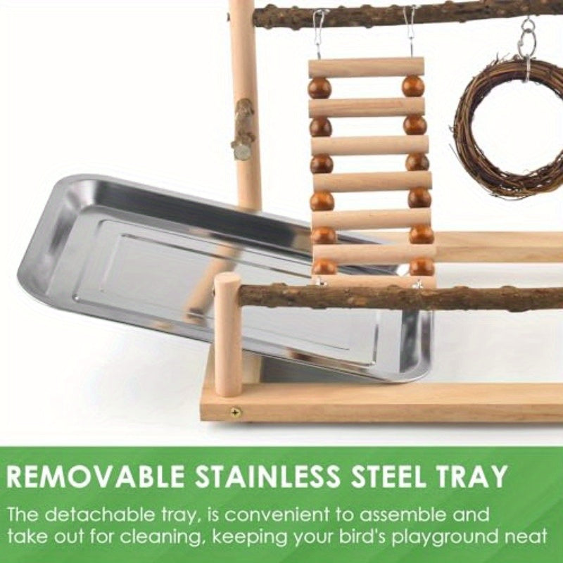 Natural Wooden Bird Playground with Rotating Perches Swing Ladder Removable Tray Stainless Steel Cups Chew Toy for Parakeets Conures Cockatiels Easy Assembly Portable Bird Cage Accessory