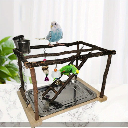 Parrots Playstand Bird Play Gym Stainless Steel and Wood Exercise Activity Center with Swings Ladders Chewing Toys Feeding Cups and Perch Stand for Conure Cockatiel Lovebirds Interactive Bird Playground for Mental and Physical Stimulation