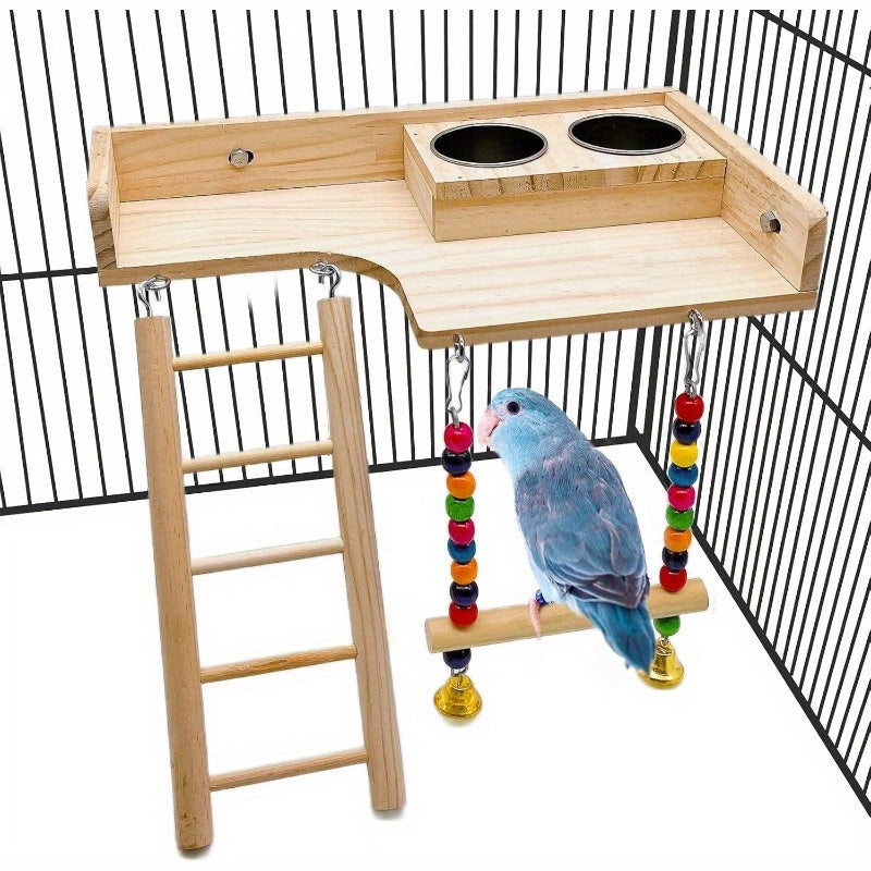 Multi Level Parrot Playground with Climbing Ladder Swing and Food Cups Heavy Duty Stainless Steel Bird Perch Platform Space Saving Cage Gym for Budgies Cockatiels Lovebirds and Finches Easy Clean Aviary Enrichment for Indoor Use