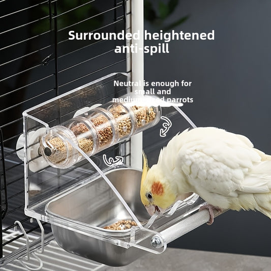 1pc Stainless Steel Transparent Non Slip Bird Cage Feeder Acrylic Parrot Foraging Station Multi Functional Parrot Food Bowl Monk Feeding Container Safe Hanging Pet Bird Feeder for Parrots Lovebirds Budgies