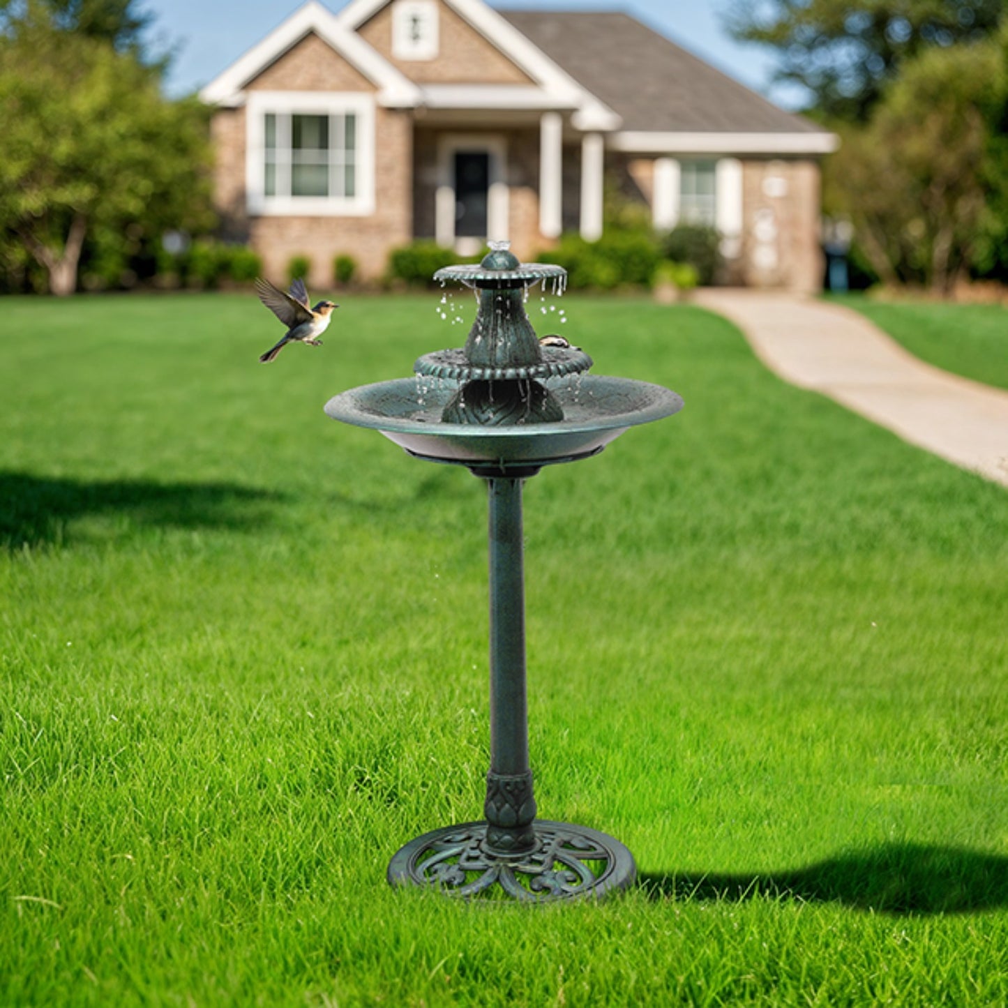 37 Inch Tiered Bird Bath Fountain Outdoor Pedestal Feature 5 Liter Capacity Weather Resistant Garden Decor for Patio Deck and Backyard