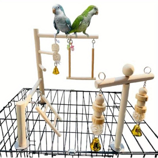 Natural Wood Bird Playground Interactive Climbing Gym Swing Perch Chew Toys with Bells Sturdy Parrot Playstand for Cockatiels Budgies Lovebirds Pet Birds Easy Assembly Cage Top Accessory Recycled Wood Construct
