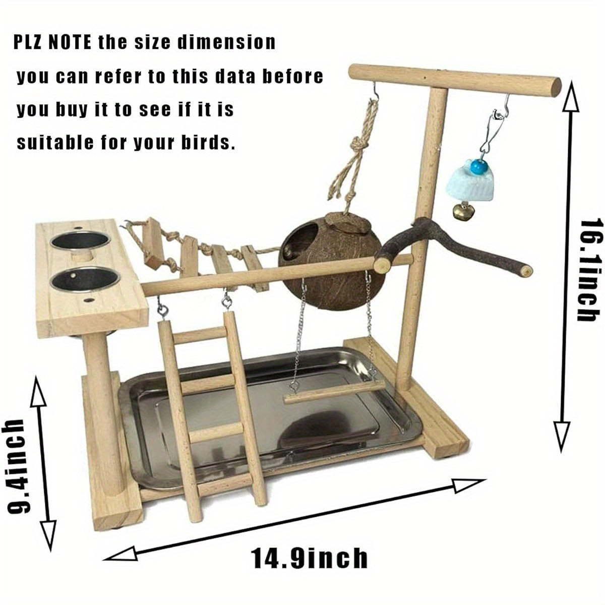 Natural Wood Parrot Playground Activity Center with Ladder Hanging Swing Feeder Cups and Chew Toys Exercise Gym for Cockatiels Conures and Lovebirds Bird Perch Training Stand for Mental Stimulation and Physical Activity