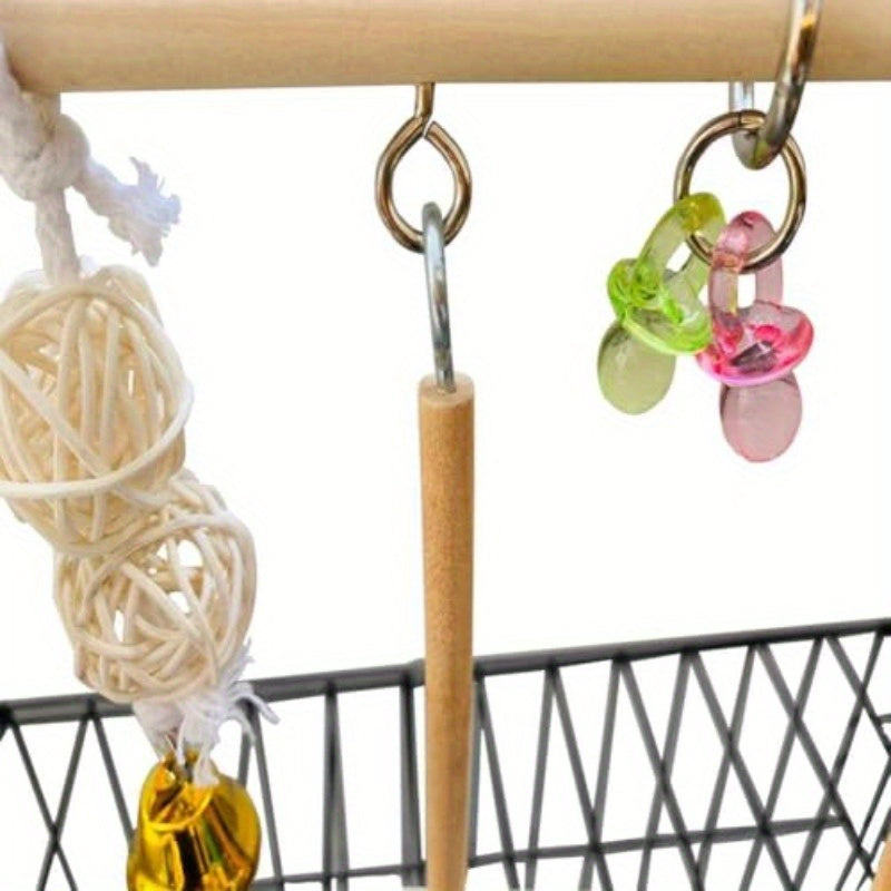 Natural Wood Bird Playground Interactive Climbing Gym Swing Perch Chew Toys with Bells Sturdy Parrot Playstand for Cockatiels Budgies Lovebirds Pet Birds Easy Assembly Cage Top Accessory Recycled Wood Construct