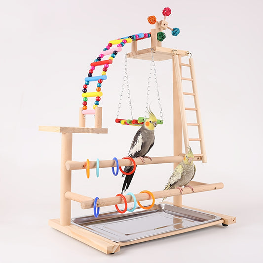 Deluxe Wooden Parrot Play Stand with Swing Climbing Bridge Ladder and Colorful Bird Rings Sturdy Natural Wood Bird Perch Toy for Climbing Swinging and Mental Stimulation Indoor Outdoor Bird Cage Accessory