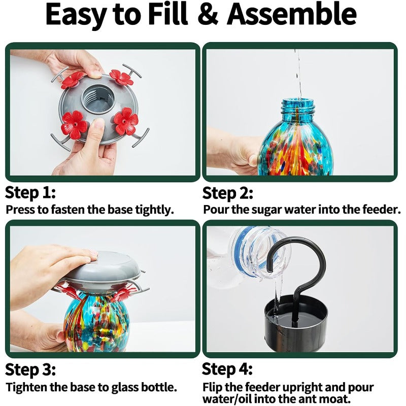 Hand Blown Glass Hummingbird Feeder With Plastic Base