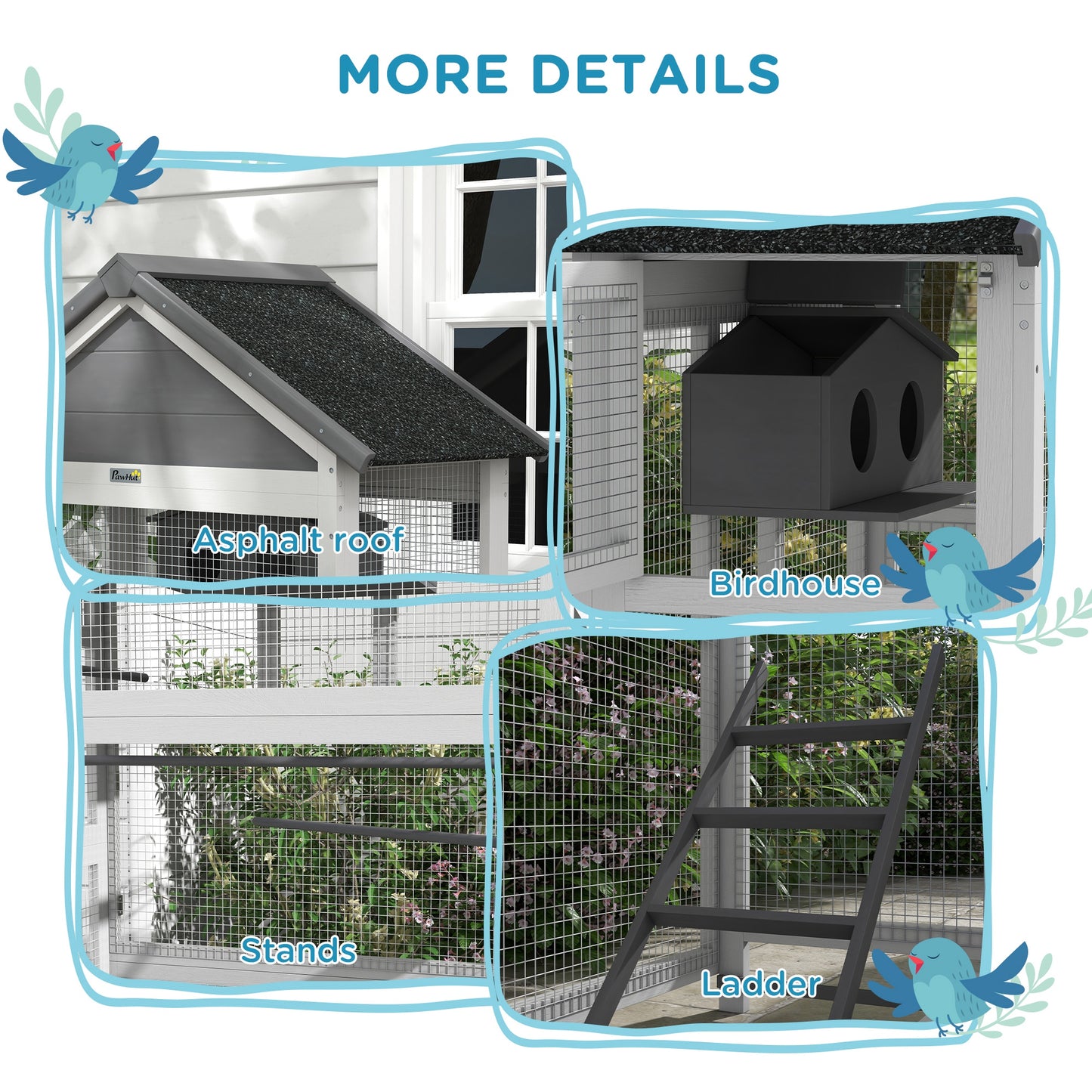 PawHut Wooden Bird Aviary 67 Inch Outdoor Bird Cage with Slide Out Tray Three Doors Birdhouse Ladder Perches for Finches Parakeets Gray
