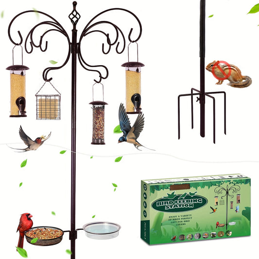 12 Hook Bird Feeder Kit Wild Bird Feeder Stand Pole with Water Bowl Mesh Tray and Squirrel Guard Baffle 94 Inch