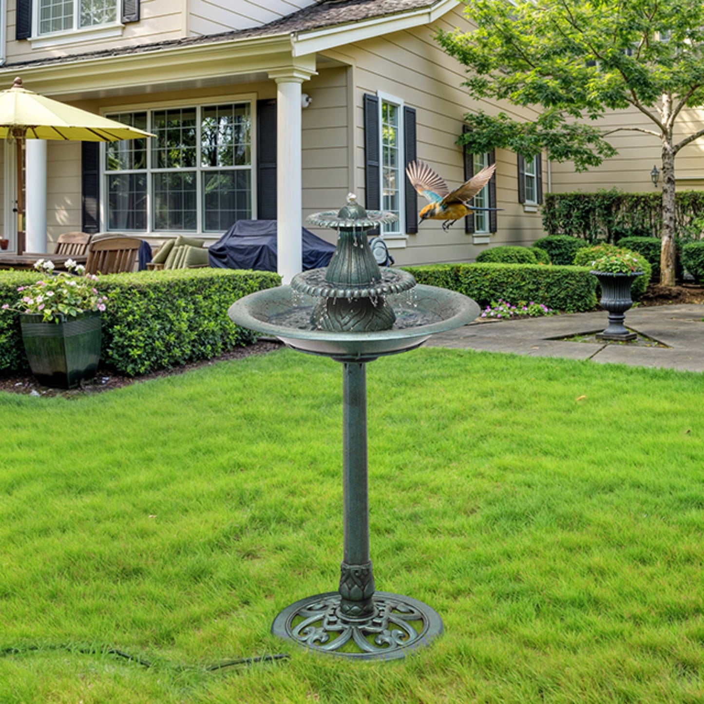 37 Inch Tiered Bird Bath Fountain Outdoor Pedestal Feature 5 Liter Capacity Weather Resistant Garden Decor for Patio Deck and Backyard