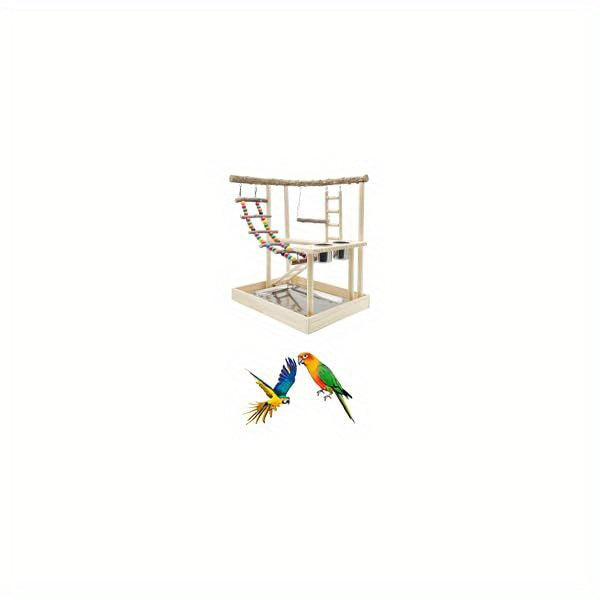Natural Wood Parrot Playground Activity Center with Ladder Hanging Swing Feeder Cups and Chew Toys Exercise Gym for Cockatiels Conures and Lovebirds Bird Perch Training Stand for Mental Stimulation and Physical Activity